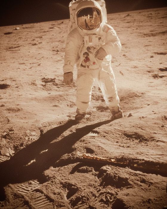 Warm vintage polaroid of Buzz Aldrin on the Moon, Apollo 11 (NASA, 1969) — the photo behind the sample song 'The Quiet Edge of Home'