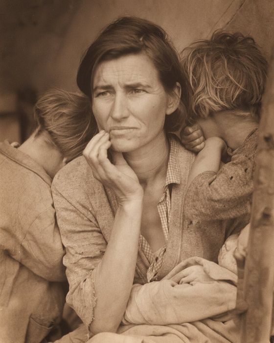 Warm vintage polaroid of Dorothea Lange's Migrant Mother (1936) — the photo behind the sample song 'A Wall Against the Wind'